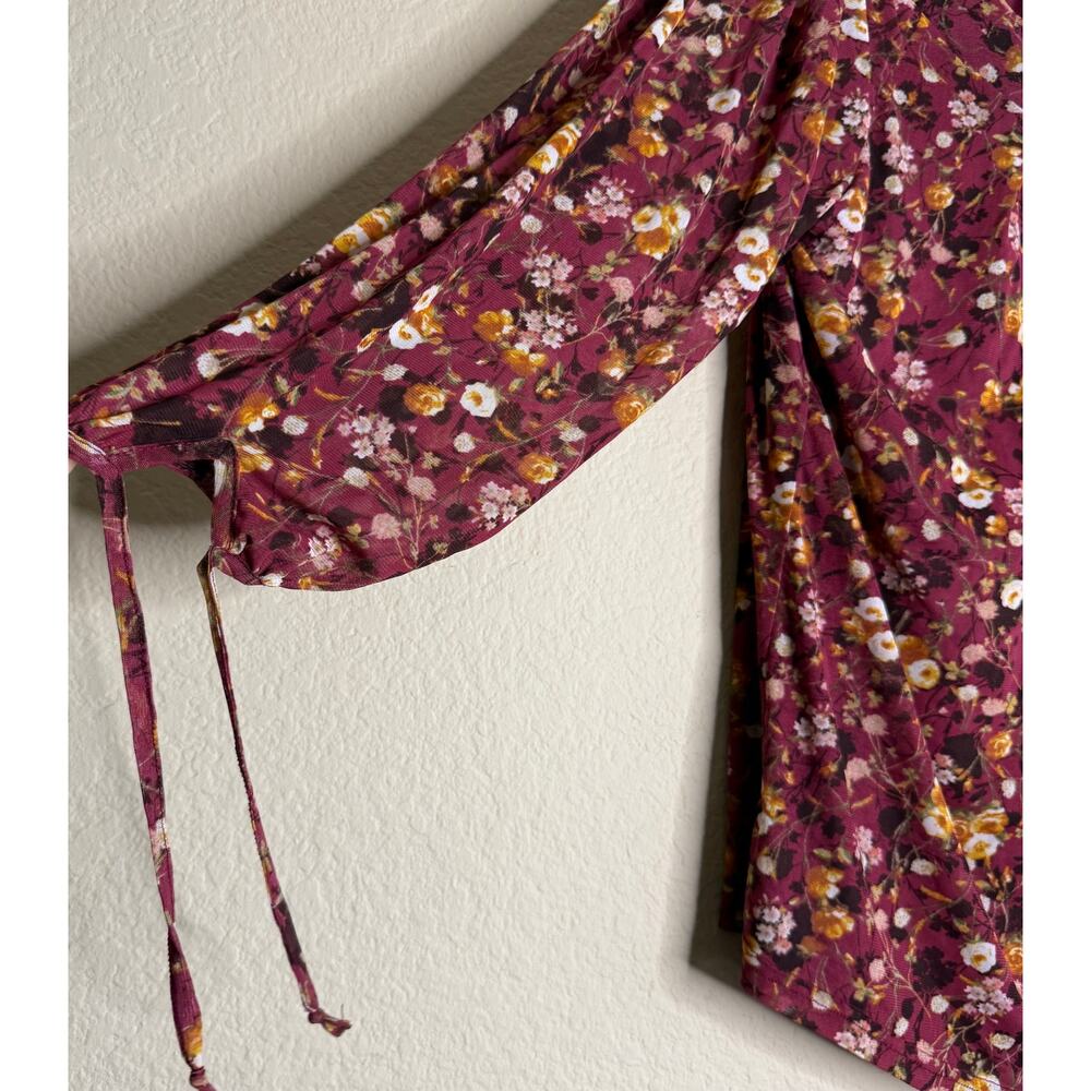 Stem & Vine Floral Peasant Blouse 2X Burgundy Boho Balloon Sleeve Plus - Picture 9 of 13
